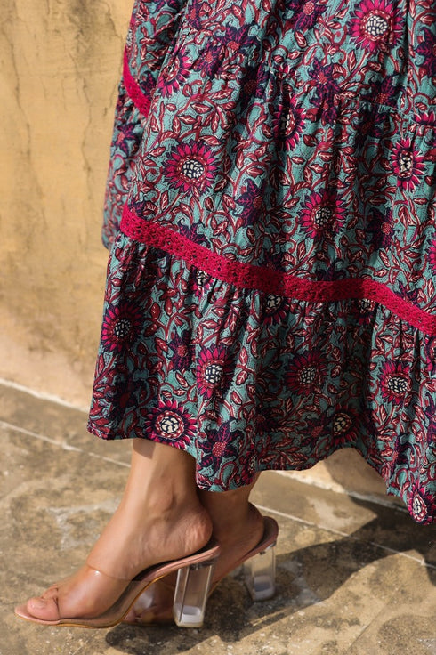 Women Wine Printed Pure Cotton Flared Ethnic Dress
